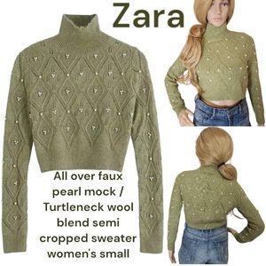 Zara Women's faux pearls diamond cable knit Mock Neck semi crop Green sweater S